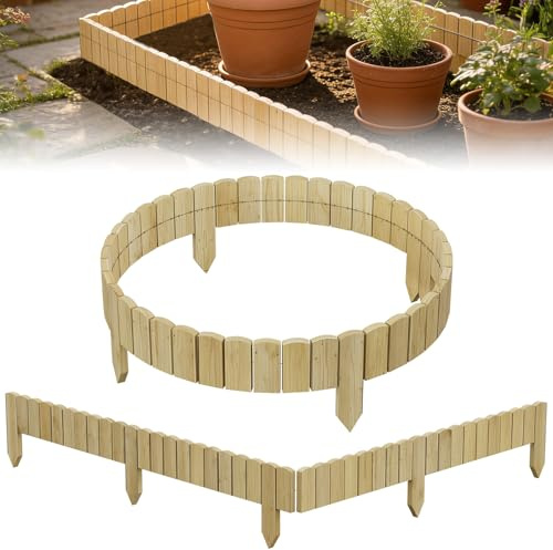 ACXIN Rollborder Holzzaun 200 cm Lang, 10cm Hoch, Kiefernholz Beeteinfassung & Beetumrandung, Gartenpalisade Holz, Staketenzaun, Rasenkante für Blumenbeete, Pflanzbereiche, Naturdeko, Holzfarbe