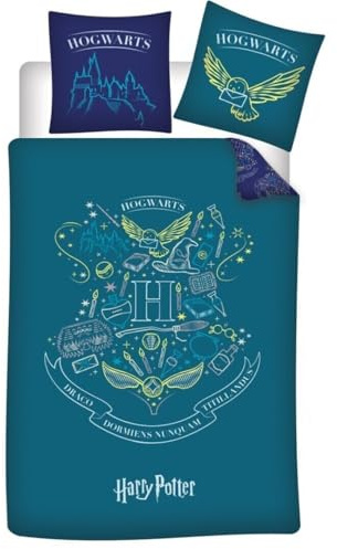 Harry Potter Kinder Bettwäsche 2-teilig, Mikrofaser Bettwäsche 135-140x200 cm, Kissen 63x63 cm, Hogwarts Design, 100% Polyester