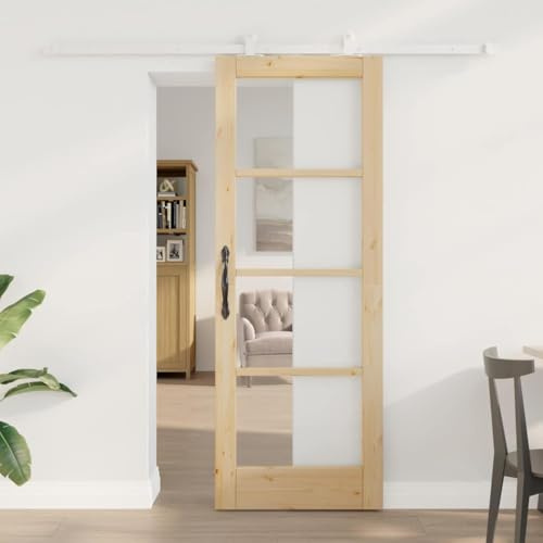 Puerta corredera ORKDAL Natural, 73,5 x 198,5 cm, madera de pino maciza con cristal, puerta corredera para interiores, salón, dormitorio, cocina, deslizamiento, silencioso, flexible, distribución