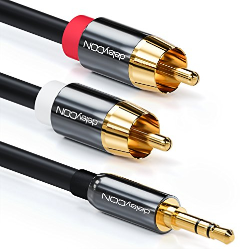 deleyCON 10m Klinkenkabel Cinch Kabel 3,5mm Klinke zu Cinch RCA Stereo Audio Kabel 1x Klinkenstecker auf 2x RCA Cinch Stecker Metallstecker Schwarz