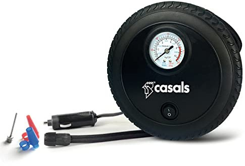 Casals VTI260 - Mini compresor de aire, presión máx.260 psi, alimentación de 12 V, cable de mechero de 3 metros, manguera de aire de 40 cm, boquillas distintos tamaños, fácil almacenaje, negro