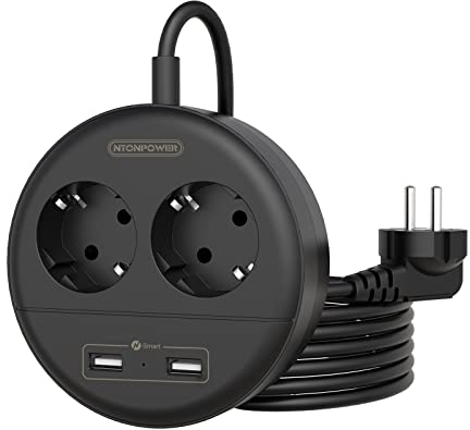 Steckdosenleiste USB, mit Wandhalterung Anschrauben und Überspannschutz, NTONPOWER Runden Mehrfachsteckdose Platzsparend Tischsteckdose für Reise und Büro- schwarz(MEHRWEG)