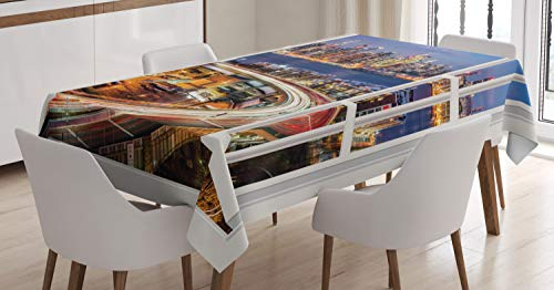 ABAKUHAUS New York Tischdecke, Städtischer Fluss und Straßen, Pflegeleicht Waschbar Schmutzabweisend und mit Klaren Farben Hochwertiger Druck, 140 x 200 cm, Weiß Blau Orange