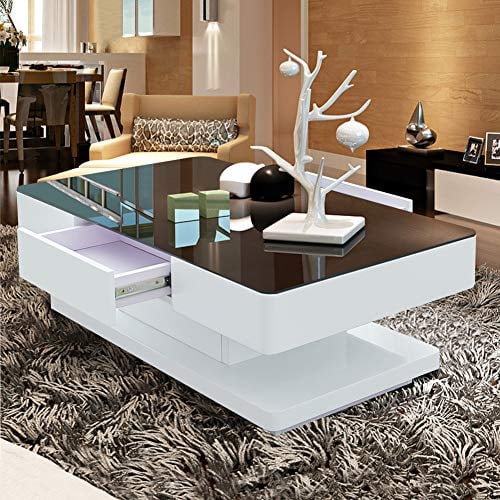 TUKAILAi High Gloss Coffee Table with 2 Drawers Storage Space 8mm Tempered Glass Top Table for Living Room Furniture Reception Waiting Area Table White and Black