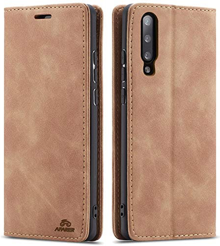 AFARER Einfache Art Brieftasche Handyhülle Kompatibel mit Samsung Galaxy A70 Klappbar Ledertasche Stoßfest Schutz mit Kartenhalter Ständer - Braun