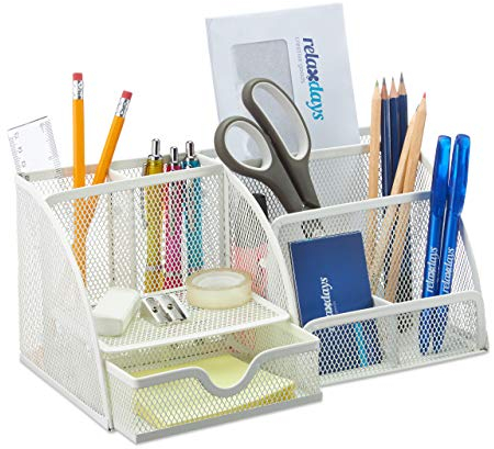 Relaxdays Schreibtisch, Büro Organizer mit Stiftehalter und Schublade, Metall Mesh, HBT 13 x 28 x 14 cm, weiß, 1 Stück