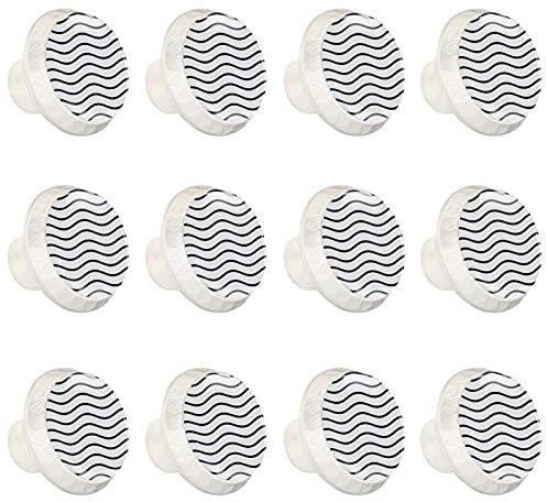 Lot de 12 boutons de meuble en verre cristal ondulé noir et blanc - 3,5 x 2,8 cm