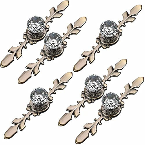 Frolahouse 6 Pcs Drawer Dresser Knobs Pull Handles - Crystal Glass Diamond Decorative Knobs with Bronze Plate(Length: 120mm), Cabinet Cupboard Door Knobs with Screws