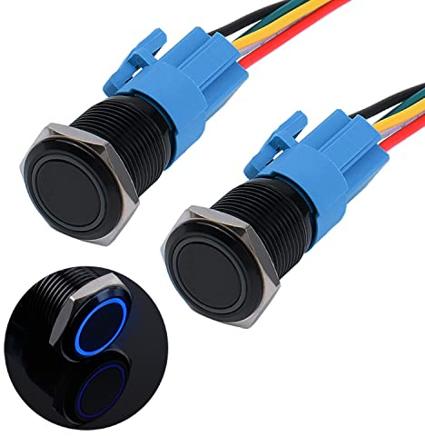 JIQI 2× 16mm Verrieglung Druckschalter 12V bis 24V 3A wasserdicht selbsthaltend schwarz Druckknopfschalter aus Metall LED Beleuchtet vorverdrahte Ein/Aus Latch Taste Schalter mit IP66 1NO 1NC (Blau)
