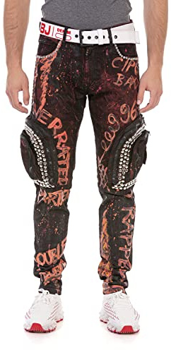 Cipo & Baxx Herren Hose Jeans Denim Ausgefallen Allover Design Nieten Jeanshose Pants CD693 Burgundy W32 L32
