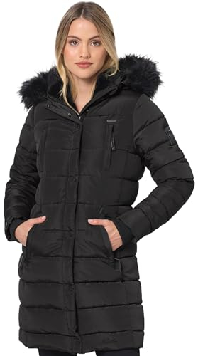 Navahoo Winterjacke Damen - Wasserabweisend, Warm, Kapuze, Winddicht - Wintermantel Lang, Mantel Frauen, Teddyfell gefüttert - Stehkragen, 7 Taschen, verlängerter Zipper - Schwarz M