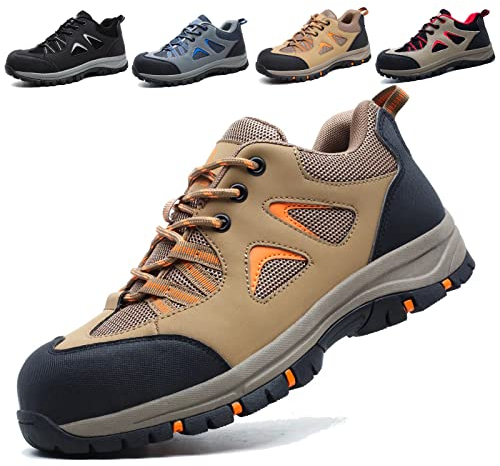 ISOOUS Sicherheitsschuhe Herren Damen Leicht Arbeitsschuhe Stahlkappenschuhe Atmungsaktiv Anti-Smashing Anti-Piercing Braun 43