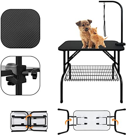 LZQ Trimmtisch für Hunde Schertisch Hundepflegetisch, Tierpflegetisch klappbar für Katzen Mit 1 Schlingen, 360° Drehbarer Haltegurt, Stabil Höhenverstellbar Schwarz 80.5 x 46 x 76 cm