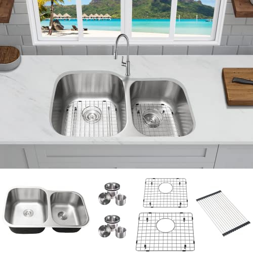 KBFmore 32 Inch Double 60/40 Unequal Bowl Stainless Steel Classic Kitchen Sink, Rust Resistant Sound and Heatproof 16 Gauge Undermount Sink with Sink Strainers, Sink Grids and Rolling up Grid