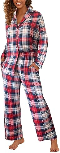 Famulily Women's 2 Piece Lounge Sets Plaid Shirt Top Wide Leg Pants with Pockets Red M