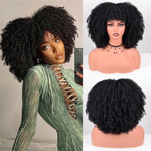 Vitorish Afro Curly Wig with Fringe 12 Inch Synthetic Afro Wigs for Women Approximately 280 g/Piece Heat Resistant Black Short Curls Wigs for Daily Party