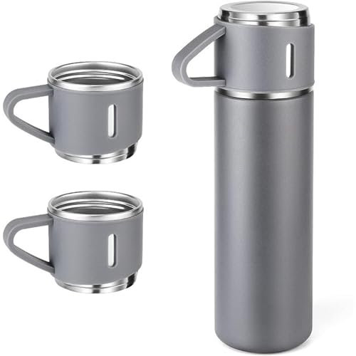 Juego de termo gris al vacío, botella de agua aislada con juego de regalo de 3 tazas, botella de agua térmica para bebidas frías y calientes, botellas de agua reutilizables de acero inoxidable para