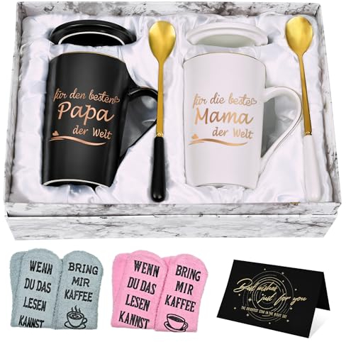Joymaking Juego de taza de café con calcetín, taza regalo para la mejor mamá y papá del mundo para el Día de la Madre Día del Padre Navidad, idea de regalo personalizada para padres, 400 ml, negro y