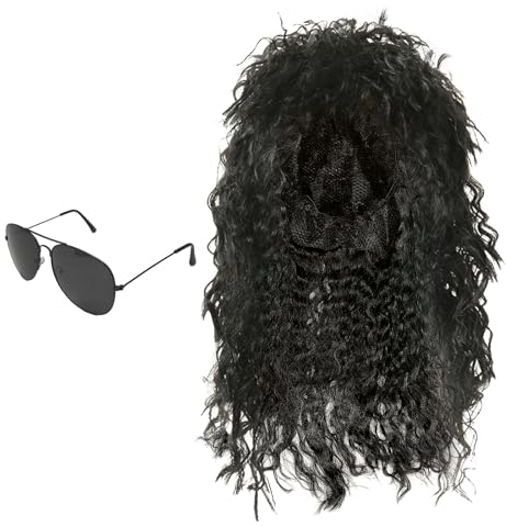 SKHAOVS 2 Stück Schwarzes Rocker Perücke Set - 80er Disco Sonnenbrille, Punk Popstar Vokuhila, Lockige Hippie Kostüm für Party, Halloween, Karneval