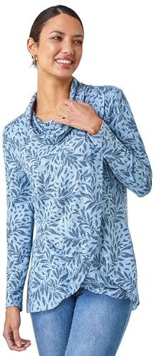 Roman Originals Women's Cowl Neck Long Sleeve Tunic Ladies Lightweight Longline Patterned Top Blouse Snit Autumn Winter Work & Casual Smart Wear Going Out Party Loungewear - Blue - Size 18