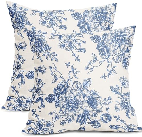 Dekorative Kissenbezüge mit blauem Blumenmuster, 50,8 x 50,8 cm, Vintage-Blume, blau-weiß, 2 Stück, Chinoiserie-Kissenbezüge, Baumwollleinen, quadratische Kissenbezüge für Couch, Bett, Sofa, Stuhl,