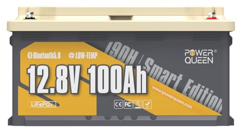 Power Queen 12V 100Ah H190 LiFePO4 Batería Bluetooth,100A BMS con Baja Temp Protección, 15000+ Ciclo Profundo,Batería Lifepo4 para RV,Barco,Motor de Pesca Trolling,Sistema Solar,Maquinaria Agrícola
