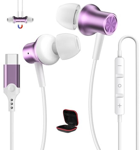 USB C Headphones for Samsung A16 A55 A56 A36 S25 S24 S23 S22 S21 Wired Earbuds Type C Earphones Magnetic Noise Canceling in-Ear Headset with Mic for iPhone 16e 15 Pixel 9 8 for OnePlus 13 Mi 15 Purple
