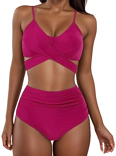 Damen Sexy Modische Bikini Set Sportlich Bikinis Hohe Taille Mode Ärmellos V Ausschnitt Bügel Leicht Prämie Atmungsaktiv Tankini Badeanzug Bauchweg Schwimmen Badeanzüge Große Größe (Wine, L)