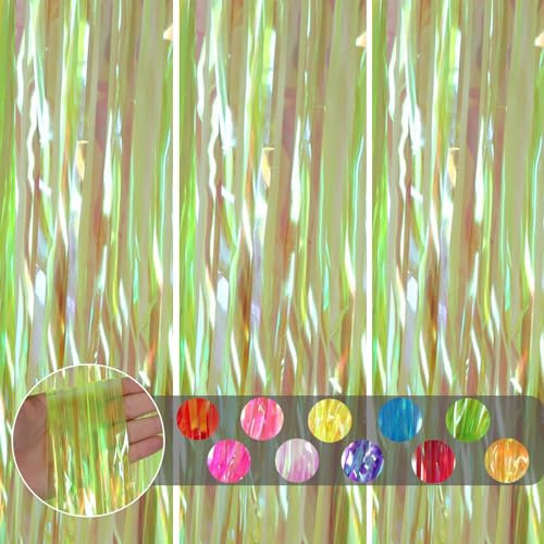 3pcs Tinsel Curtain Holographic Green Glitter Foil Door Curtain Party Backdrop,3.2x6.5ft Iridescent Foil Fringe Curtain Party Streamer Shimmer Curtain Backdrop Decorations for Birthday Christmas Party