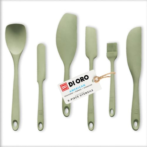 DI ORO Seamless Series 6-Piece Silicone Spatula Set (Sage Green) | Rubber scraper won't scratch nonstick pans; For baking, cooking, mixing, and frosting; BPA-free and dishwasher safe