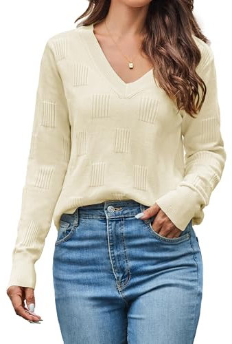 Cindeyar Pullover Damen Langarm V Ausschnitt Strickpullover Winter Casual Elegant Pulli Warm Oberteile (Beige, XL)