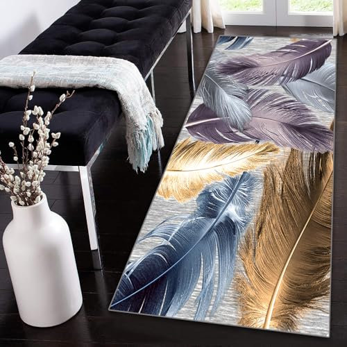 Siunwdiy Teppich Läufer Flur Küche rutschfest Waschbar 120x160cm Korridor Teppich Blau Lila Feder Muster Küchenläufer Lang Moderne Teppichläufer Flurteppich Küchenteppich Meterware Anpassbar