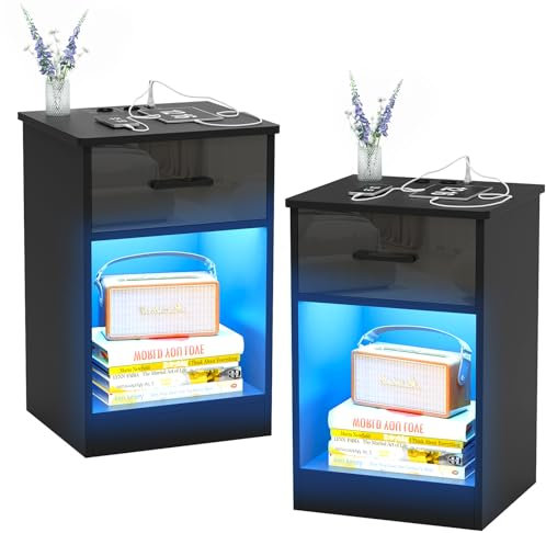 HaodaCulture Nachttisch 2er Set Mit LED Beleuchtung, Schwarz, Ladestation, Beistelltisch, Sofatisch, Hoch für Schlafzimmer, Wohnzimmer 40x35x60cm