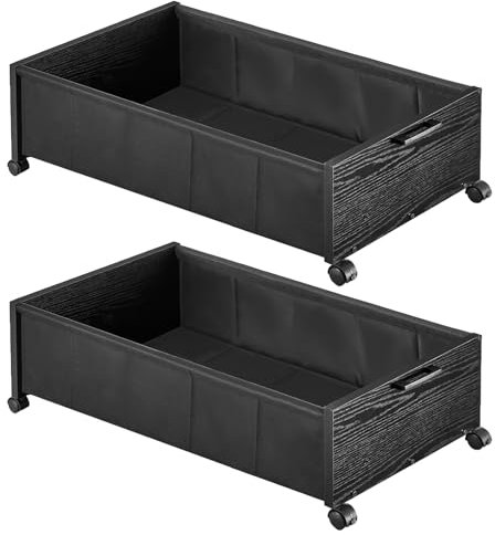 FOUCSSOMEI Under Bed Storage with Wheels, Wooden Under Bed Drawers On Wheels, Rolling Under Bed Shoe Storage, Space Saving, Black,Quadruple Size,90L