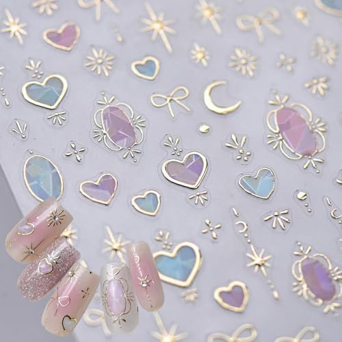 Auiremrti 3D Nagel Aufkleber, Selbstklebende Nail Sticker mit Gold Herz und Mond, Nageldesign Sticker für Nageldeko, Maniküre und Nail Art, Einfache Anwendung