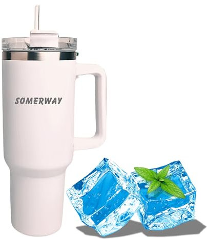 Somerway 1182ml Travel Mug 40oz Tumbler with Straw, Lid & Cleaning Brush-Stainless Steel Double Wall Vacuum Insulated Mug for Hot and Cold Coffee with Handle for On The Go