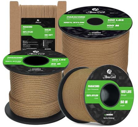 Abma Cord Paracord 2mm 100% Nylon Corda 15m Tipo I Corda da Paracadute a 1 Filo - Max. 45 kg - Marrone Coyote