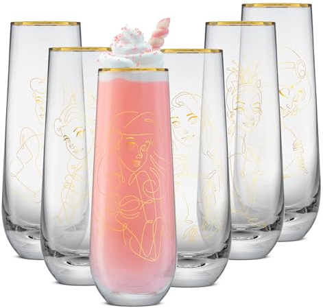 JoyJolt Disney Princess Sketch Stemless Flutes, 9.5oz Glass Cups ft Princes Jasmine Ariel Belle Cinderella Tiana Rapunzel, Kitchen Glassware Set of 6, Disney Gifts for Adults