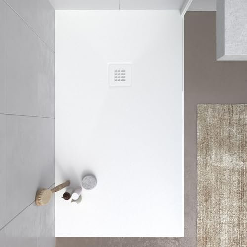 VAROBATH | Receveur de douche MYSTONE – Matériau en résine avec remplissage minéral et texture ardoise C3 antidérapante – Comprend une grille thermolaquée (BLANC RAL9003, 90X200)