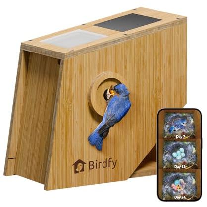 Smart Bird Houses for Outside, Solar Powered, 1080P FHD Live Stream Bird House with Camera, Wild Bird Nesting and Hatching, Blue Bird House with Camera Inside, Ideal Gift (Origin Wooden)