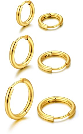 U7 3 Paare Creolen Damen Herren Klein Kreolen Set | Helix Schlafen Ohrringe, Silber/Gold/Schwarz, 8mm10mm12mm / 7mm9mm12mm