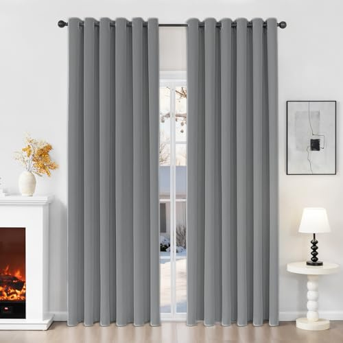 Runyéla Verdunklungsvorhänge mit Ösen Gardinen, Thermovorhang Hitzeschutz | 2er Set, H245xB200 Hellgrau Vorhang Blickdicht, UV-Schutz Sichtschutz Schalldämmung Blackout für Schlafzimmer Wohnzimmer