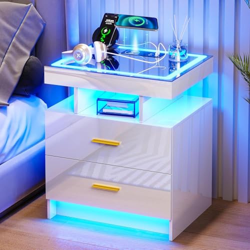 Lvifur LED Hochglanz Nachttisch mit 2 Schublade & LED-Beleuchtung,Weiß | Nachtschrank mit Intelligent Ladestation,Bedside table für Schlafzimmer,Wohnzimmer