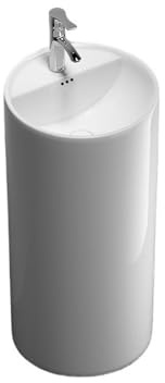 Autoportant Lavabo sur colonne blanc monobloc avec robinet et kit de vidange, vasque circulaire en céramique for salle bain moderne