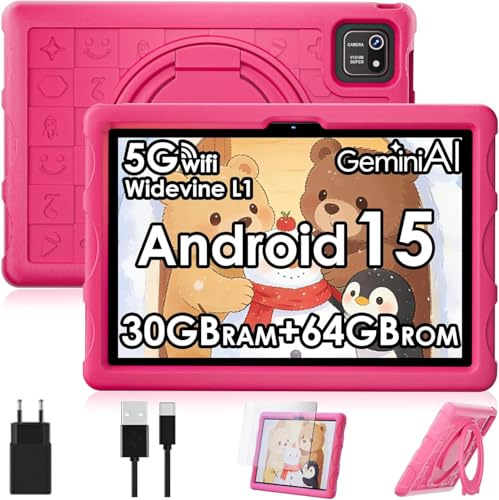 ZENTALITY Kinder Tablet 10 Zoll Android 15 mit 30GB RAM + 64GB ROM(2TB), 5G WLAN 6, Widevine L1, Elterliche Kontrolle, 8-Core, 8000 mAh, Kids Tablet mit Kinder Hülle Eva + 360° Drehbarer Ständer, Rot