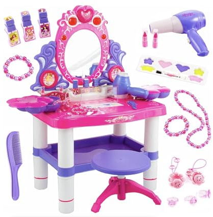 Kinderplay Tavolo da toeletta rosa per bambini con bacchetta magica e accessori | Tavolo da toeletta per bambini con specchio, cassetto, sgabello e set da trucco – giocattolo di ruolo,