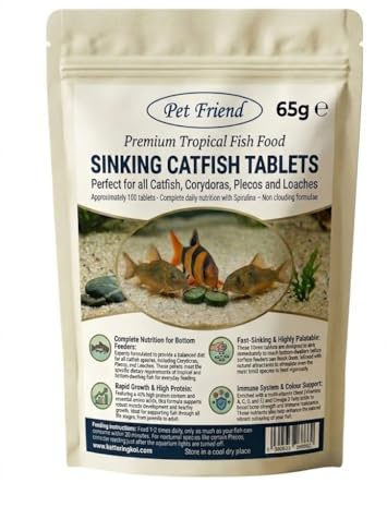 Pet Friend Sinking Catfish Tablets 40% High Protein Diet 65g Sinking Food For Corydoras & Other Bottom Feeding Tropical Fish For Colour Growth And Vitality