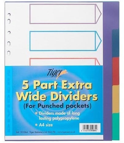 Tiger A4 multicoloured polypropylene 5 part dividers for filing x 1 set