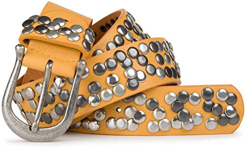 styleBREAKER Damen Nietengürtel mit unterschiedlichen Nieten, Kunstleder Gürtel Einfarbig, Damengürtel kürzbar 03010008, Farbe:Curry, Größe:90cm