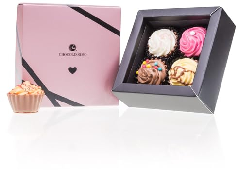 CHOCOLISSIMO - Liebes Geschenk aus Schokolade - Pralinen in Cupcake Form - 4 Stück, mit Alkohol - Jahrestag, Geburtstag, Geschenke für Frauen, Mama, Freundin, Muttertag, Shoko Frauentag Ostern Herz